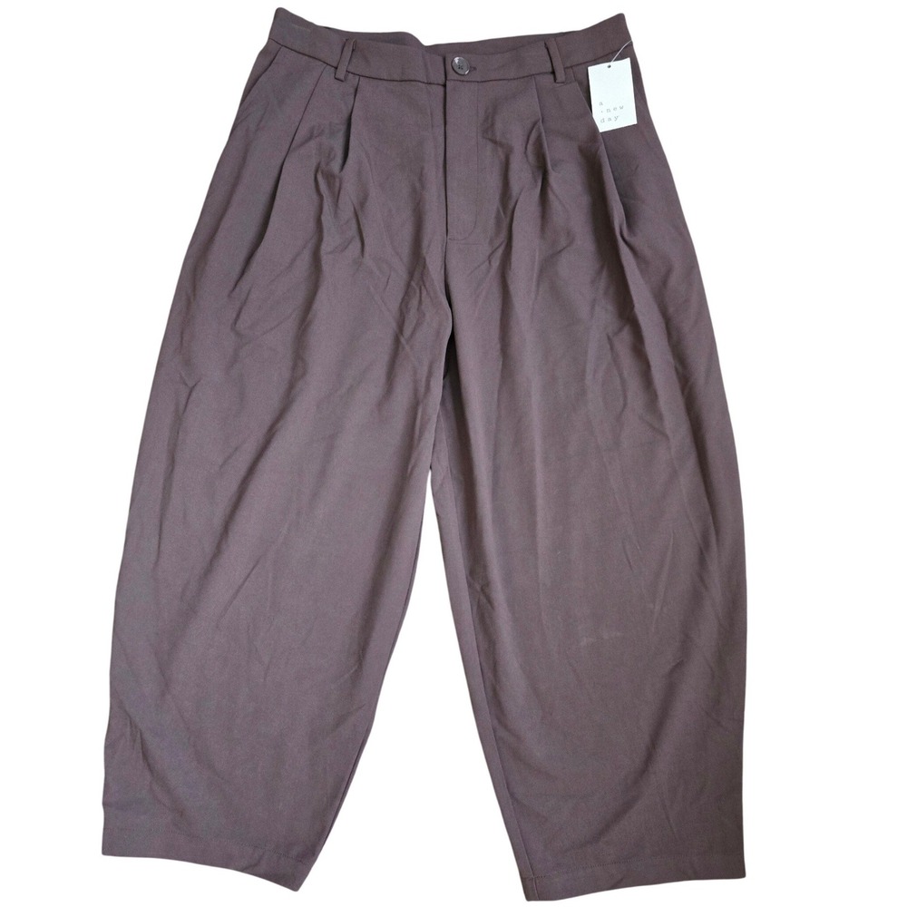 A New Day Womens Brown Pleated Balloon Wide Leg Trousers High Rise Pants 12 NWT
